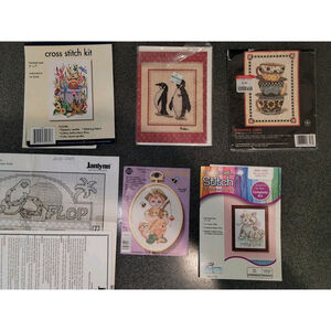 Lot X6 Cross Stitch Patterns Various Designers Fishing Flip-flop Penguin Garden